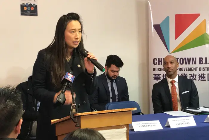 Assemblywoman Yuh-Line Niou speaks at a press conference in Chinatown about the rise in anti-Asian sentiment in the wake of COVID-19 cases.